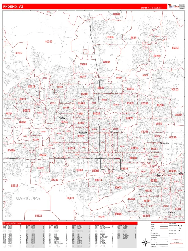 Phoenix, AZ ZIP Code Wall Map, RedLine style