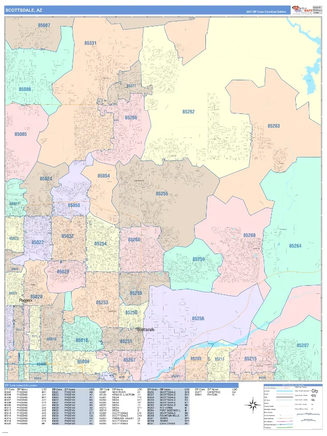 Scottsdale, AZ ZIP Code Wall Map, ColorCast style