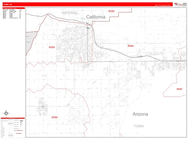 Yuma, AZ ZIP Code Wall Map, RedLine style