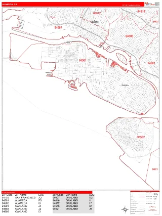 Alameda, CA RedLine style ZIP Code wall map
