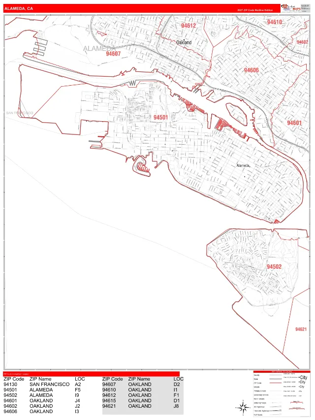 Alameda, CA ZIP Code Wall Map, RedLine style