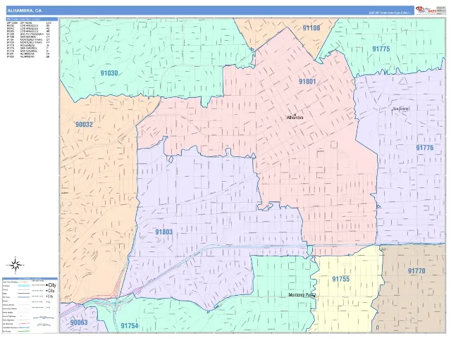 Alhambra, CA ZIP Code Wall Map, ColorCast style