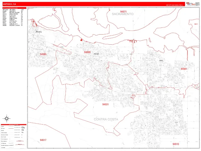 Antioch, CA ZIP Code Wall Map, RedLine style