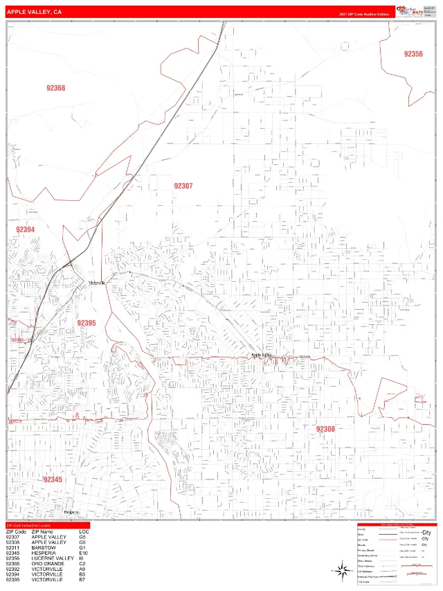 Apple Valley, CA ZIP Code Wall Map, RedLine style