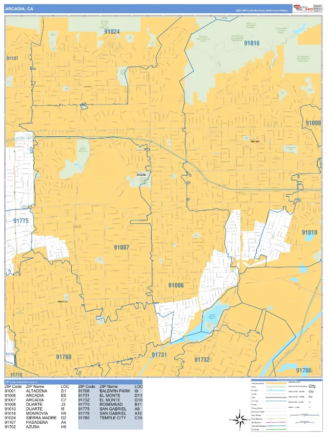 Arcadia, CA ZIP Code Wall Map, Business Reference style