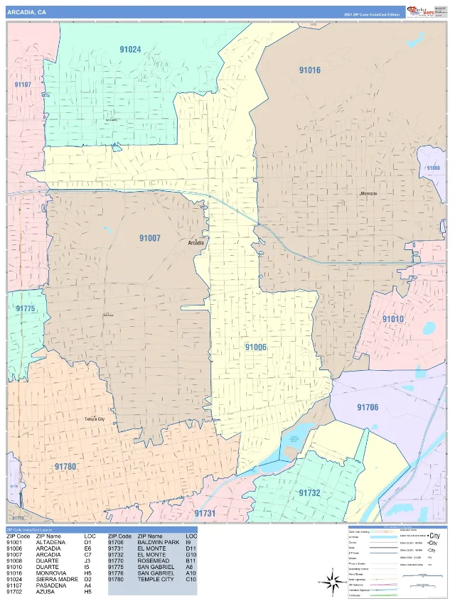 Arcadia, CA ZIP Code Wall Map, ColorCast style