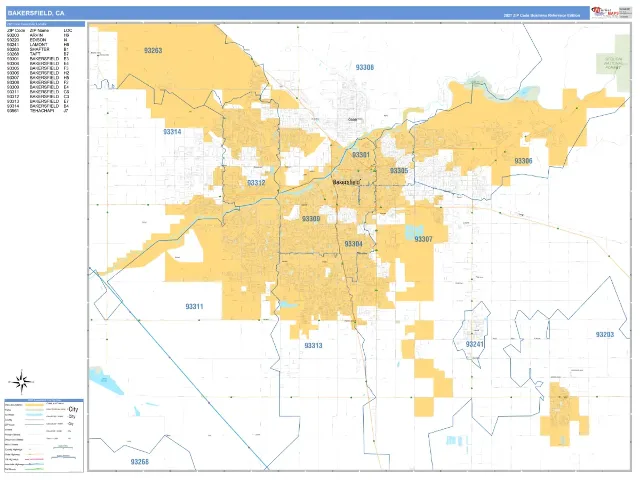 Bakersfield, CA ZIP Code Wall Map, Business Reference style