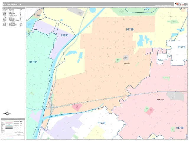 Baldwin Park, CA ZIP Code Wall Map, Classic style