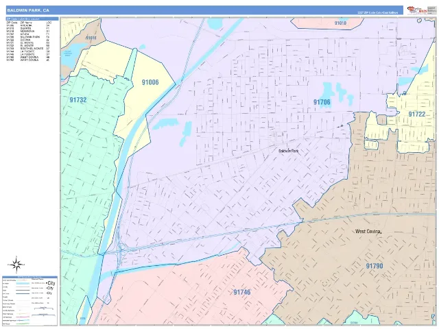 Baldwin Park, CA ZIP Code Wall Map, ColorCast style