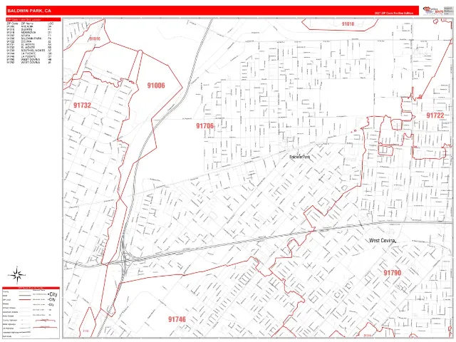 Baldwin Park, CA ZIP Code Wall Map, RedLine style