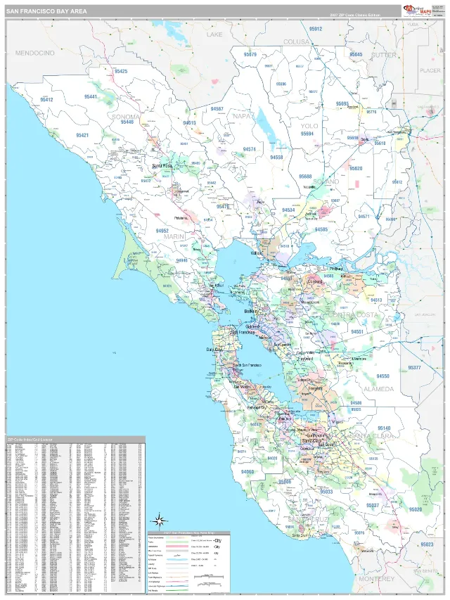 Bay Area, CA ZIP Code Wall Map, Classic style