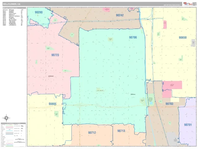 Bellflower, CA ZIP Code Wall Map, Classic style