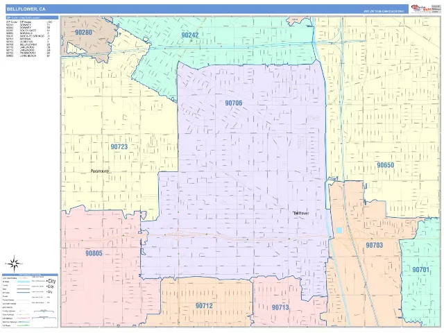 Bellflower, CA ZIP Code Wall Map, ColorCast style
