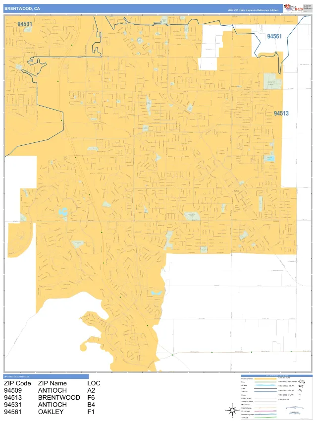 Brentwood, CA ZIP Code Wall Map, Business Reference style