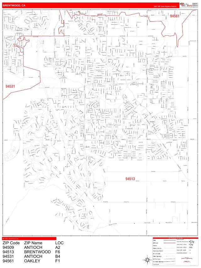 Brentwood, CA ZIP Code Wall Map, RedLine style