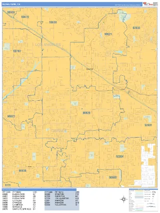 Buena Park, CA Business Reference style ZIP Code wall map