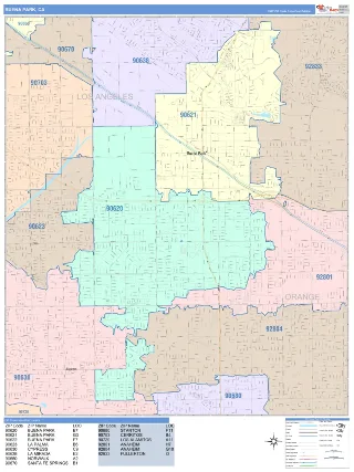 Buena Park, CA ColorCast style ZIP Code wall map