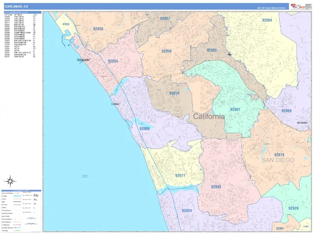 Carlsbad, CA ZIP Code Wall Map, ColorCast style