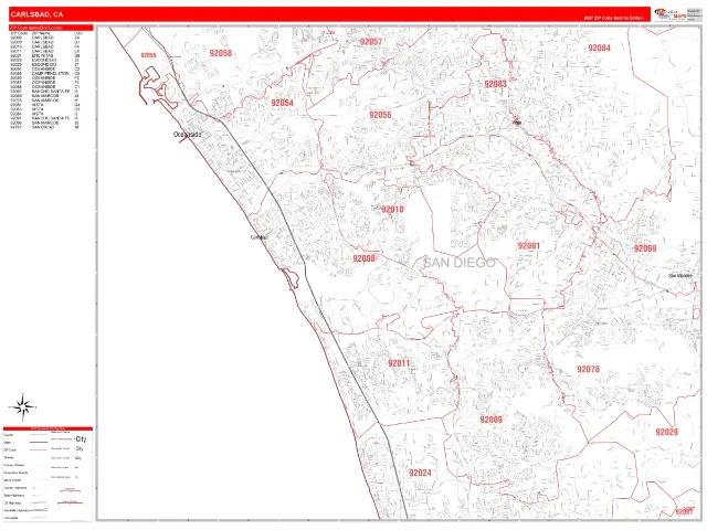 Carlsbad, CA ZIP Code Wall Map, RedLine style