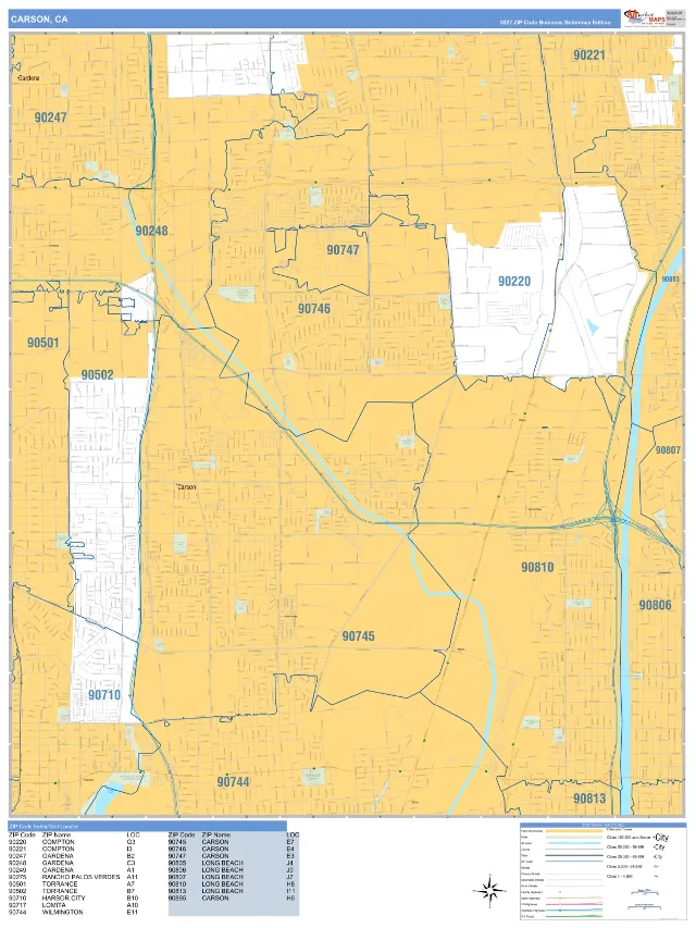 Carson, CA ZIP Code Wall Map, Business Reference style