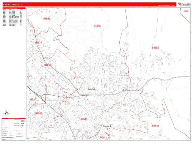 Castro Valley, CA ZIP Code Wall Map, RedLine style