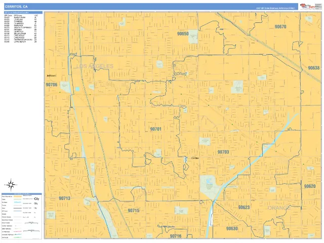 Cerritos, CA ZIP Code Wall Map, Business Reference style
