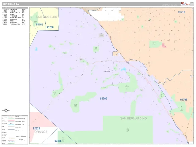 Chino Hills, CA ZIP Code Wall Map, Classic style