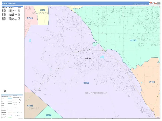Chino Hills, CA ZIP Code Wall Map, ColorCast style