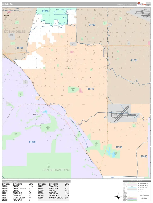 Chino, CA ZIP Code Wall Map, Classic style