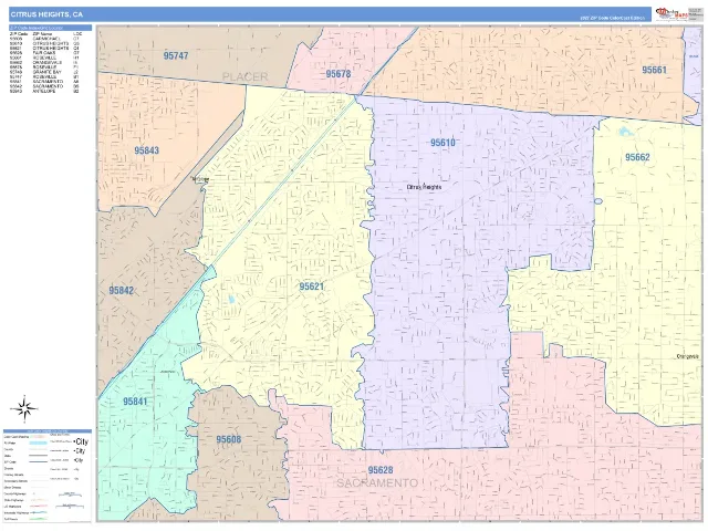 Citrus Heights, CA ZIP Code Wall Map, ColorCast style