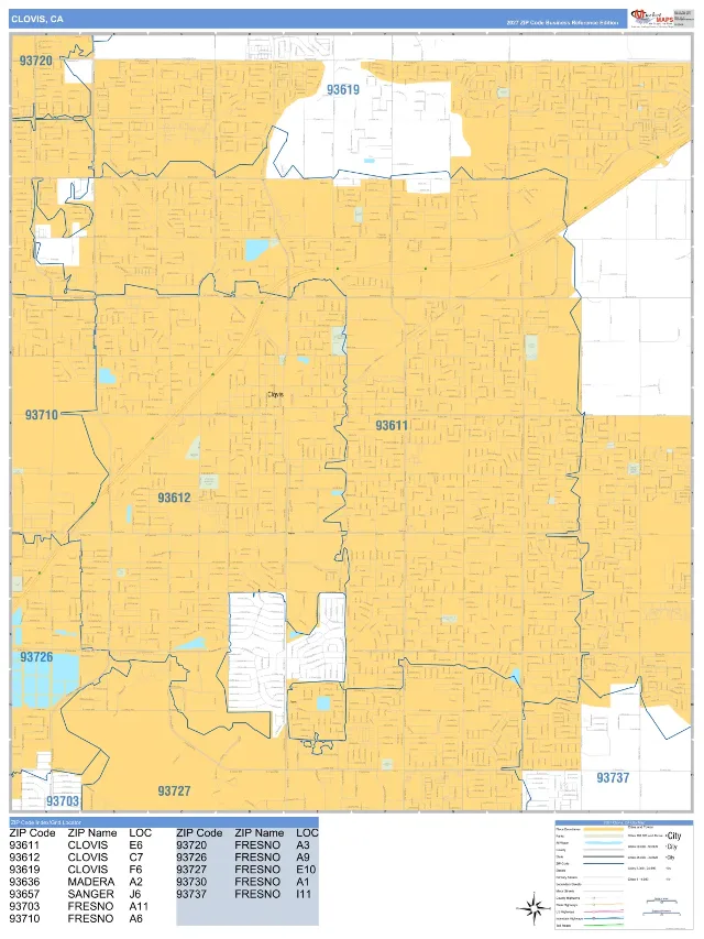 Clovis, CA ZIP Code Wall Map, Business Reference style