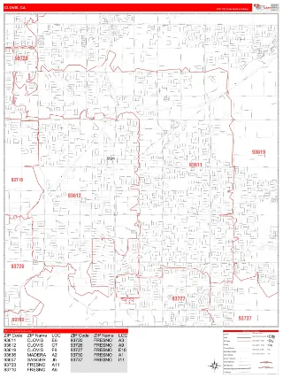 Clovis, CA RedLine style ZIP Code wall map