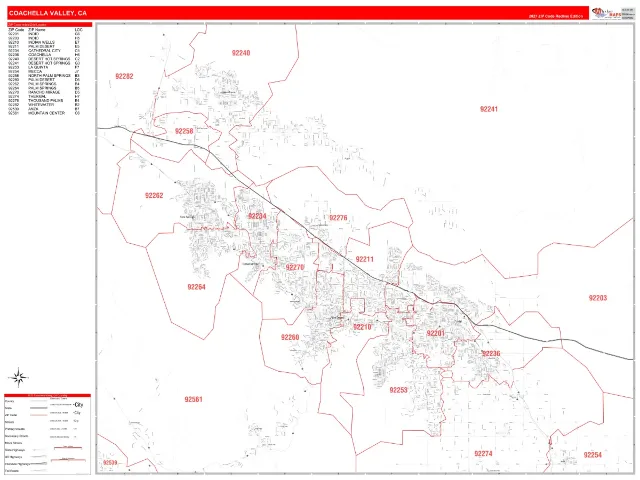 Coachella Valley, CA ZIP Code Wall Map, RedLine style
