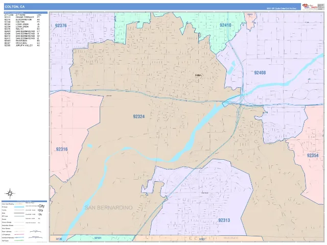 Colton, CA ZIP Code Wall Map, ColorCast style