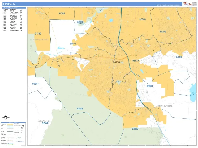 Corona, CA ZIP Code Wall Map, Business Reference style