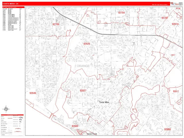 Costa Mesa, CA ZIP Code Wall Map, RedLine style