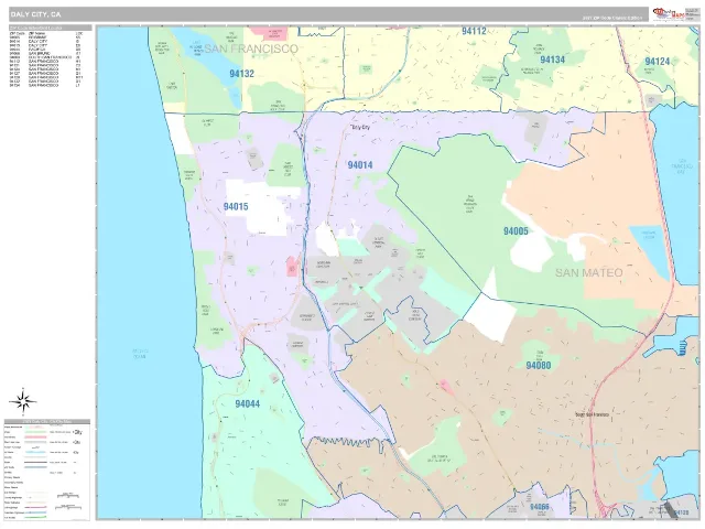 Daly City, CA ZIP Code Wall Map, Classic style