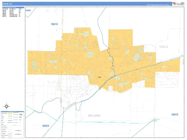 Davis, CA ZIP Code Wall Map, Business Reference style