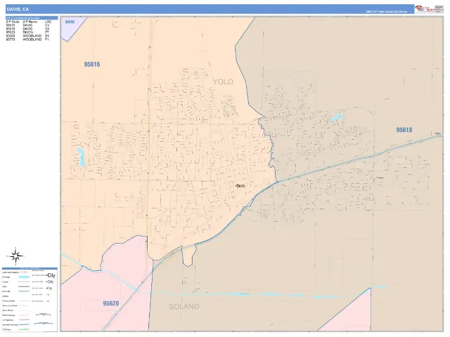 Davis, CA ZIP Code Wall Map, ColorCast style