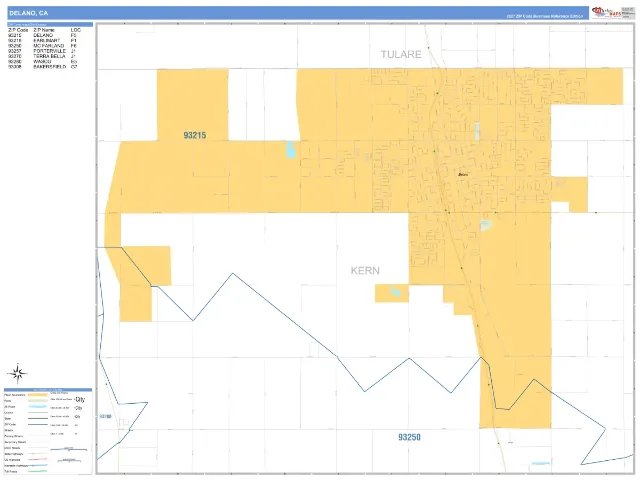 Delano, CA ZIP Code Wall Map, Business Reference style