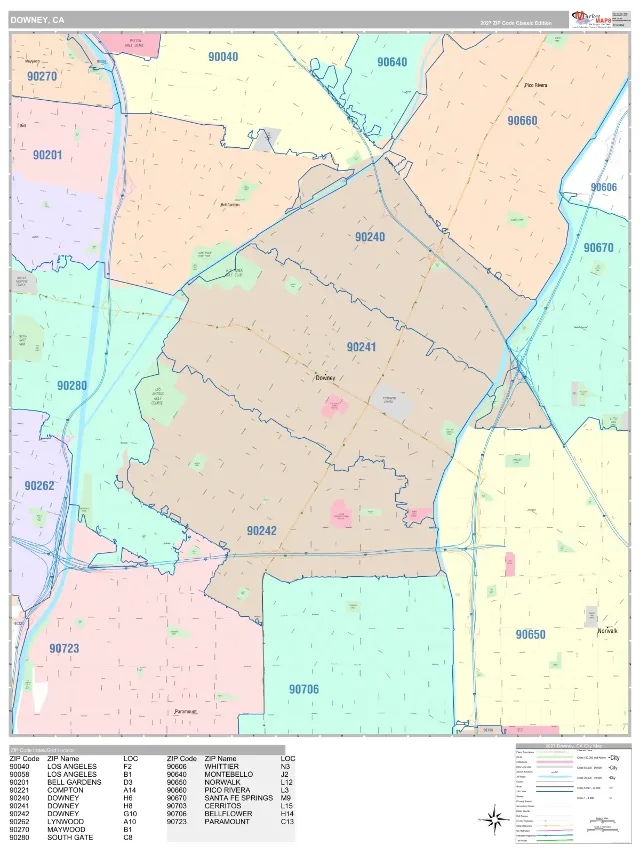 Downey, CA ZIP Code Wall Map, Classic style