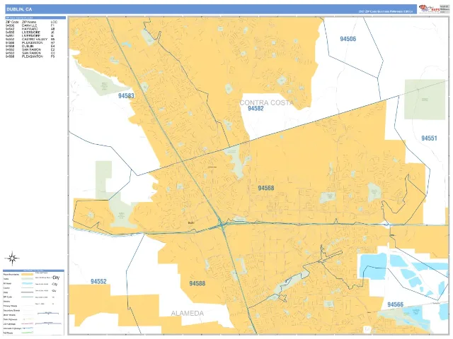 Dublin, CA ZIP Code Wall Map, Business Reference style