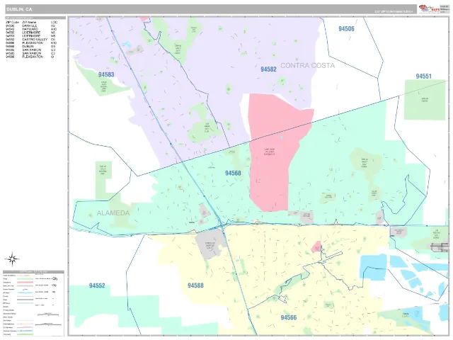 Dublin, CA ZIP Code Wall Map, Classic style