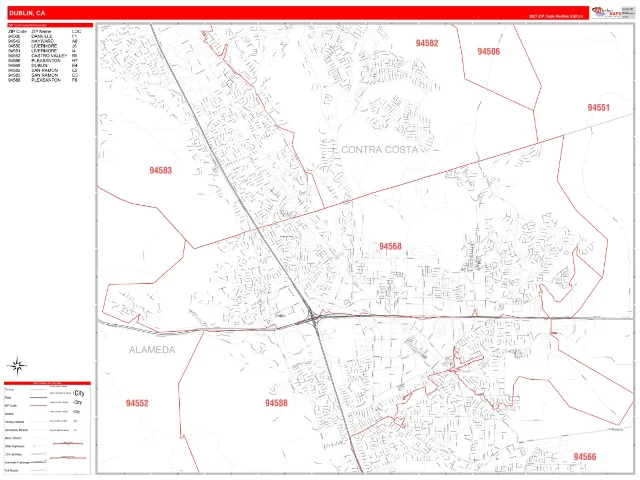 Dublin, CA ZIP Code Wall Map, RedLine style