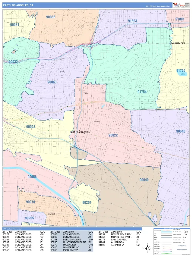 East Los Angeles, CA ZIP Code Wall Map, ColorCast style