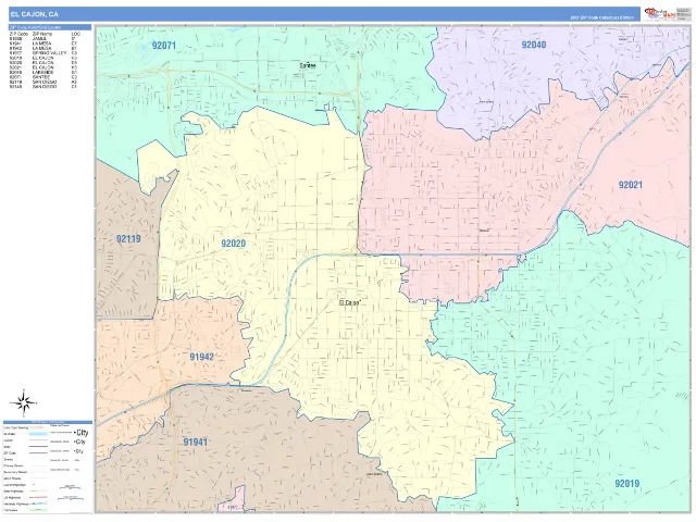 El Cajon, CA ZIP Code Wall Map, ColorCast style
