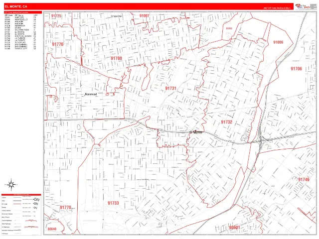 El Monte, CA ZIP Code Wall Map, RedLine style