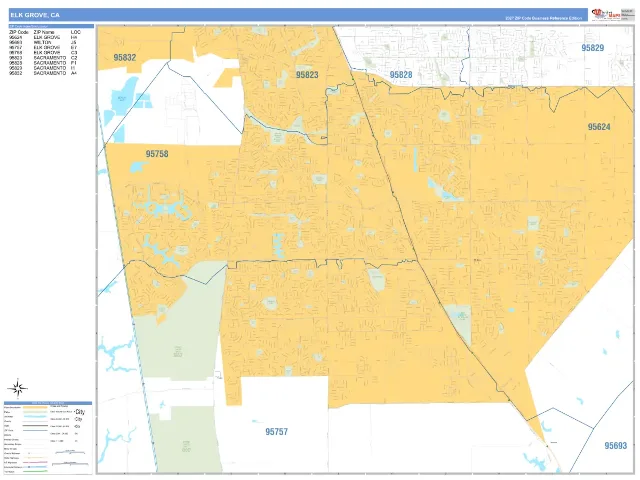 Elk Grove, CA ZIP Code Wall Map, Business Reference style