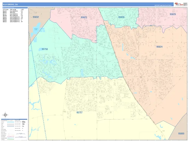 Elk Grove, CA ZIP Code Wall Map, ColorCast style