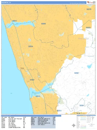 Encinitas, CA Business Reference style ZIP Code wall map